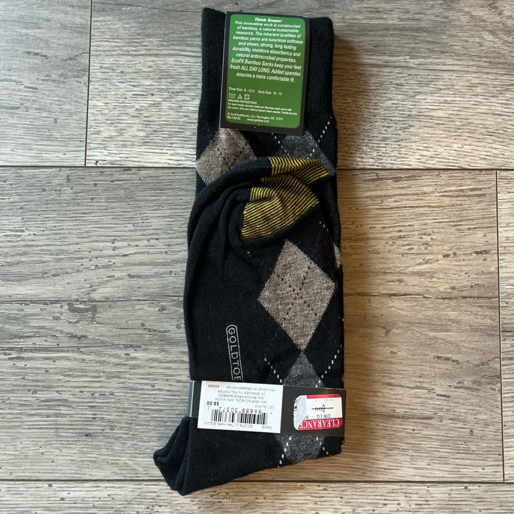 Goldtoe All Day Comfort Men’s Eco-fx Dress Sock Black Argyle NWT Bamboo Wool